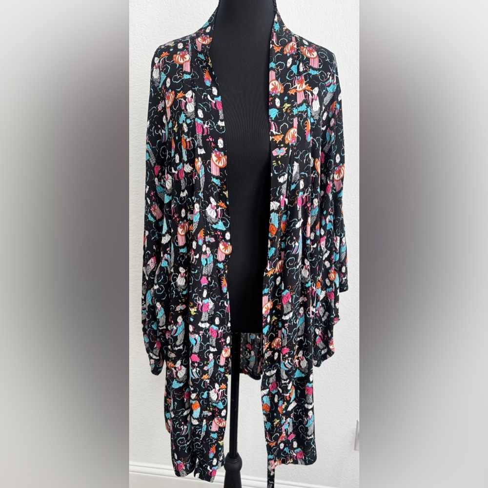 Natori Vibrant Artistic Kimono Asian Tea Party Print Black XL